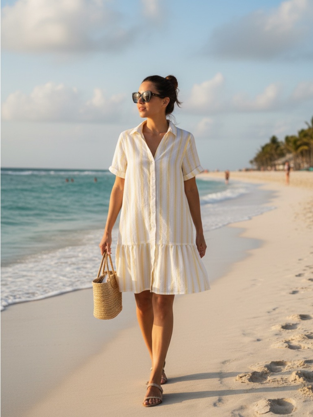 Sincerly Jules Yellow White Stripe Ruffle Hem Beachy Shirt Dress Medium